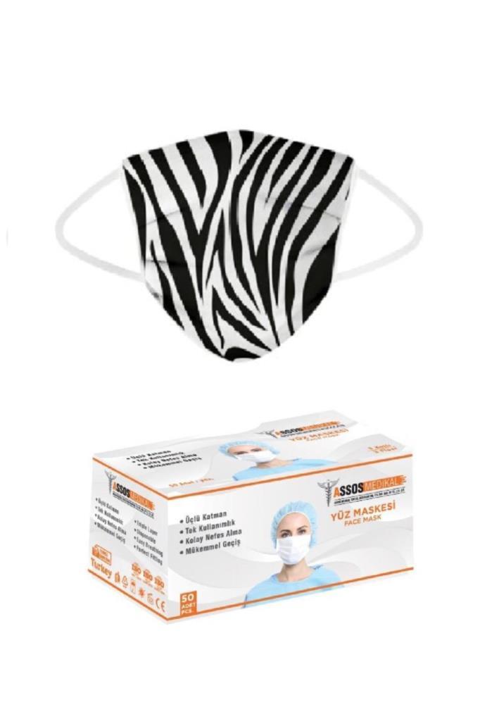 3 Katlı Burun Telli Yeni Nesil Yumuşak Elastik Kulaklı Zebra Desen Maske 50 Li