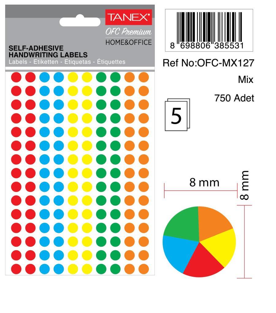 Tanex Ofc-127 Mıx Color Ofis Etiketi 8mm 750 Adet
