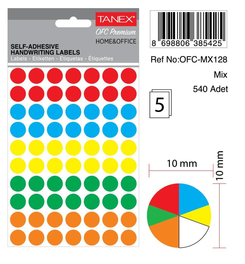 Tanex Ofc-128 Mıx Color Ofis Etiketi 10mm 540 Adet