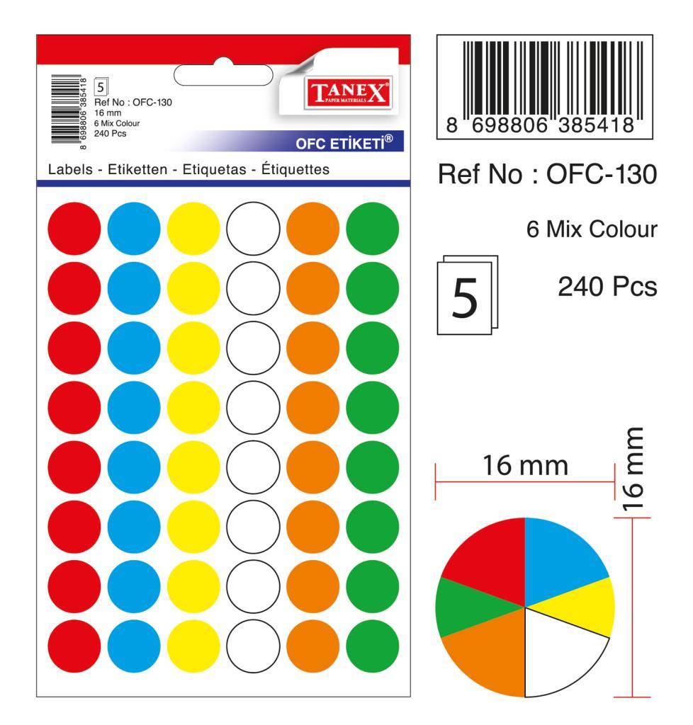 Tanex Ofc-130 Mıx Color Ofis Etiketi 16mm 240 Adet