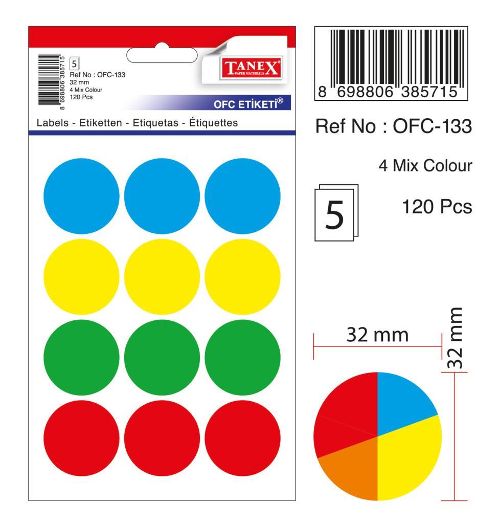 Tanex Ofc-133 Mıx Color Ofis Etiketi 30mm 60 Adet