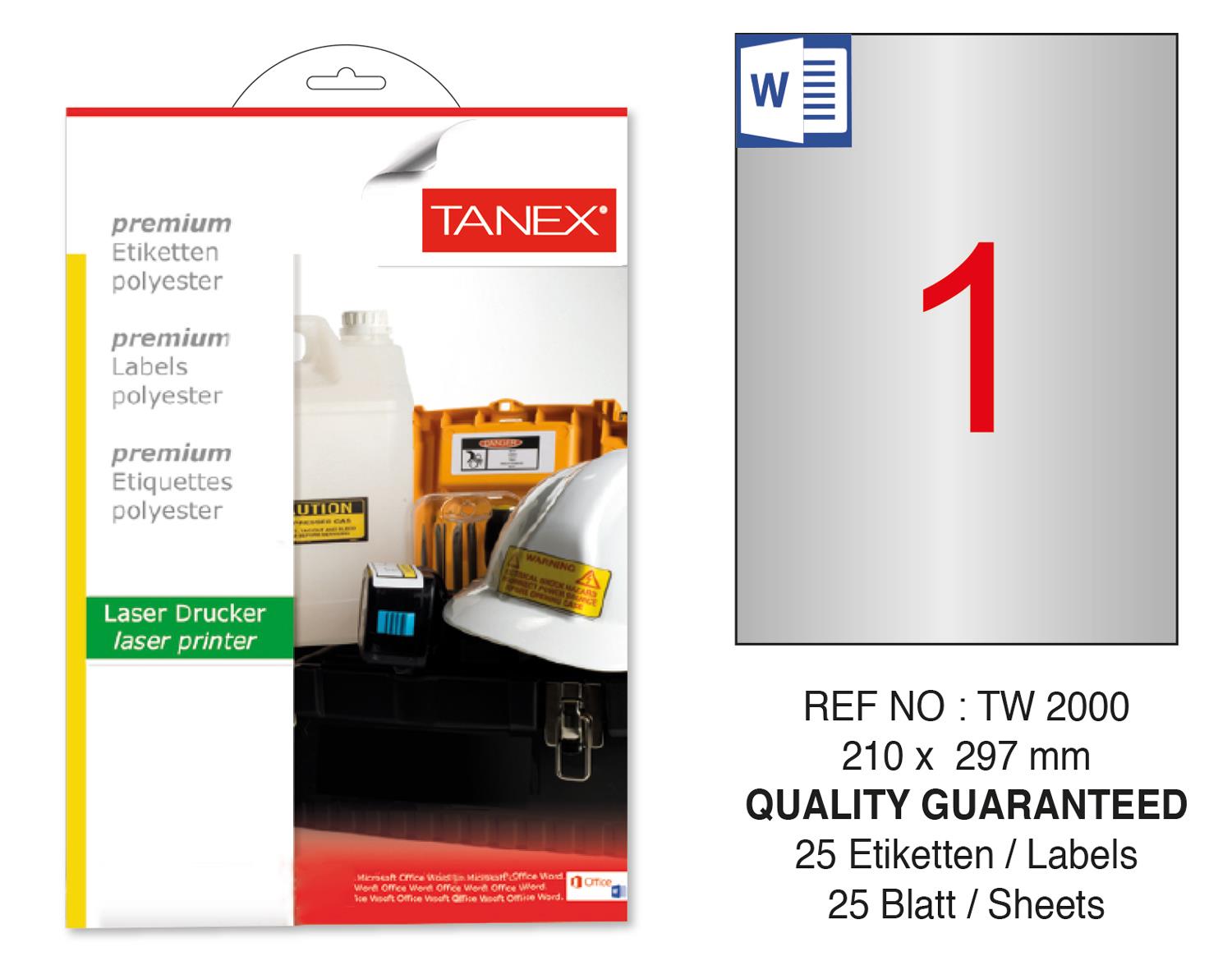 Tanex TW-2000 210x297mm Gümüş Lazer Etiket 25 Li