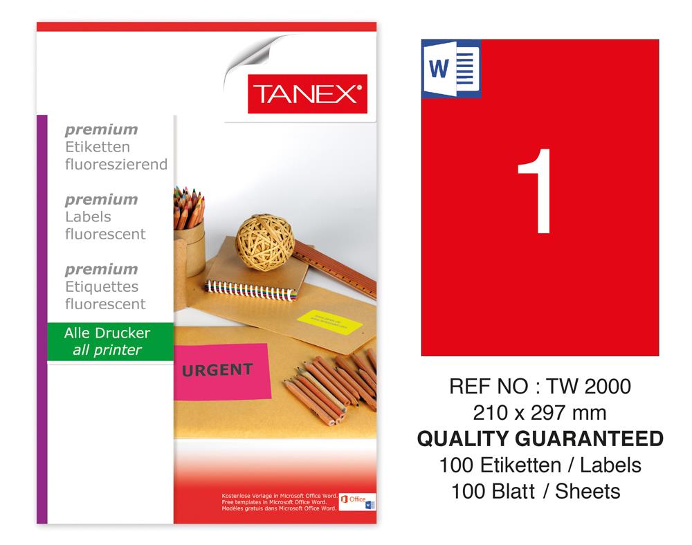 Tanex TW-2000 210x297mm Kırmızı Floresan Laser Etiket 100 Lü