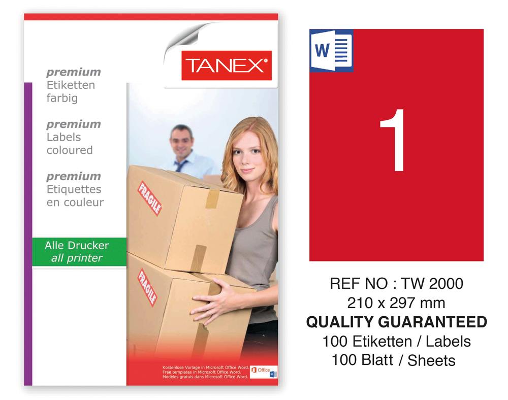 Tanex TW-2000 210x297mm Kırmızı Pastel Laser Etiket 100 Lü