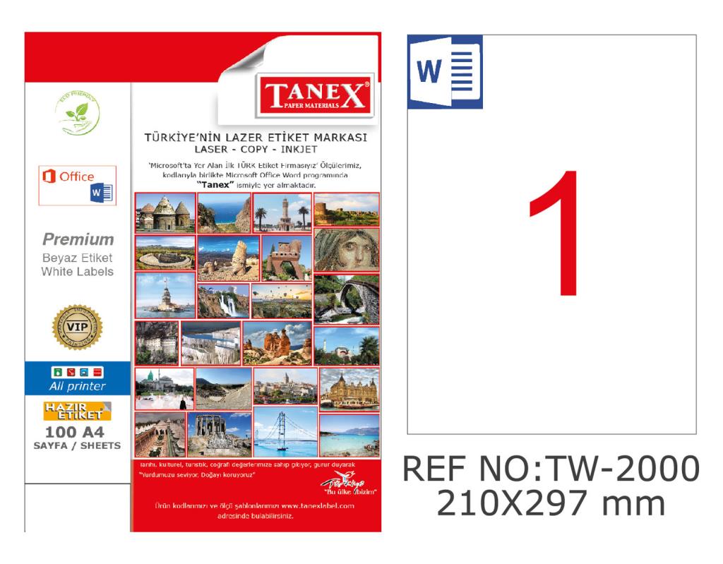 Tanex TW-2000 210x297mm Kuşe Laser Etiket 100 Lü