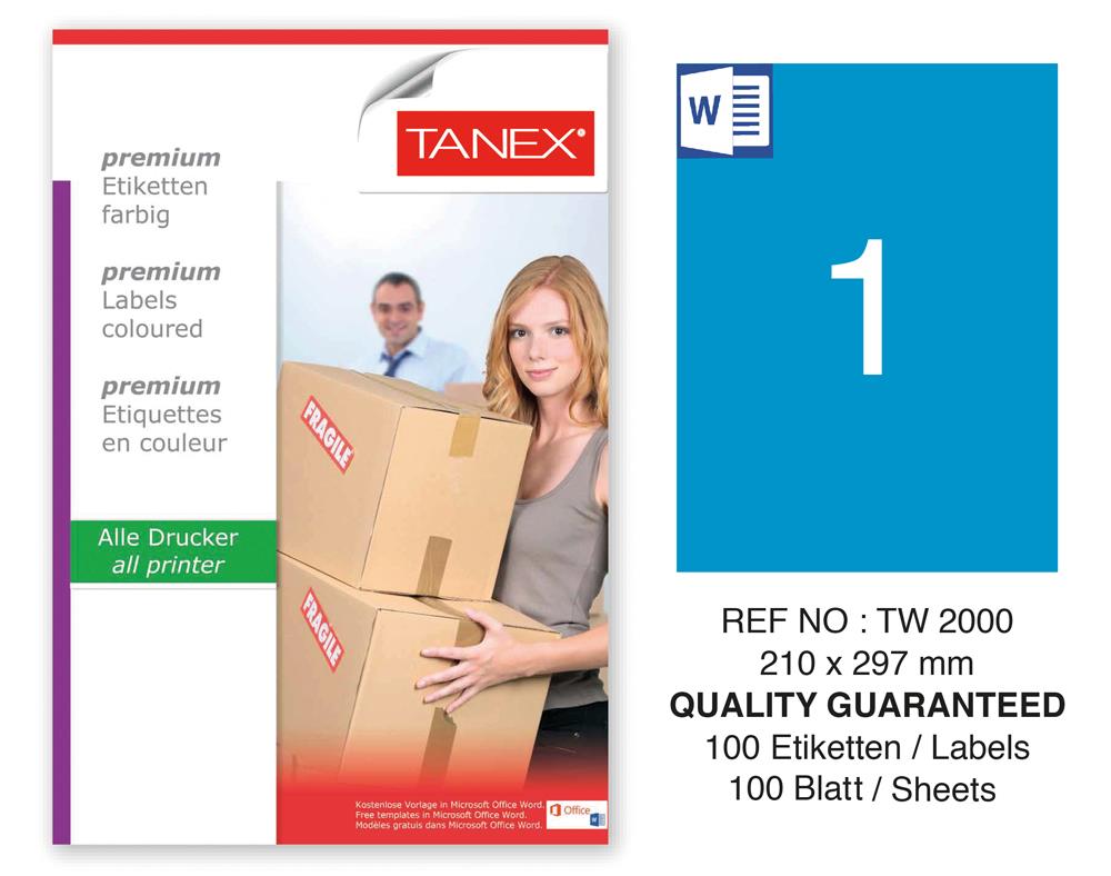 Tanex TW-2000 210x297mm Mavi Pastel Laser Etiket 100 Lü