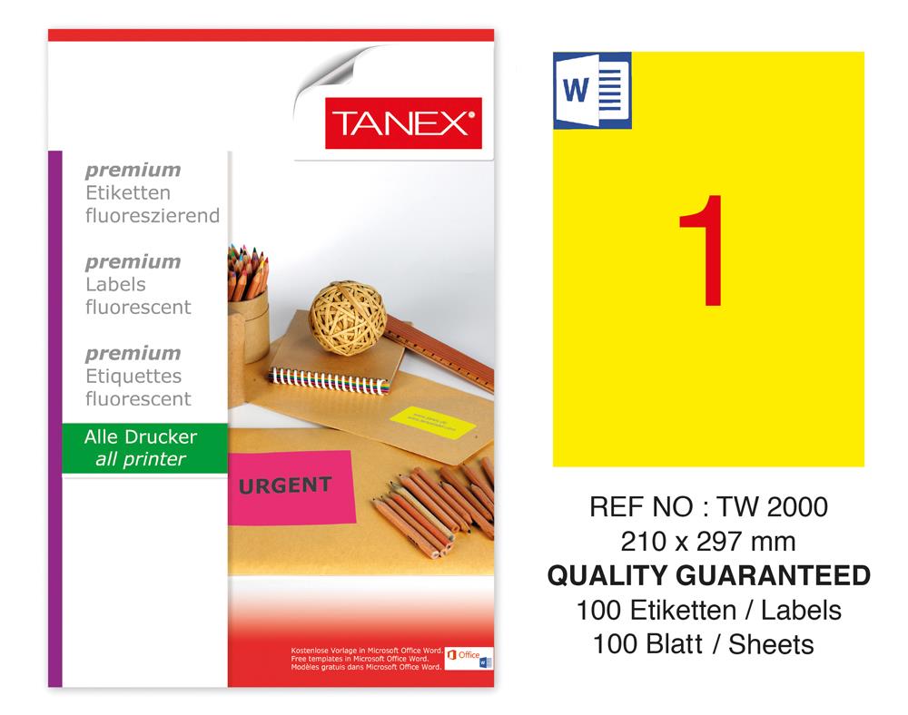 Tanex TW-2000 210x297mm Sarı Floresan Laser Etiket 100 Lü