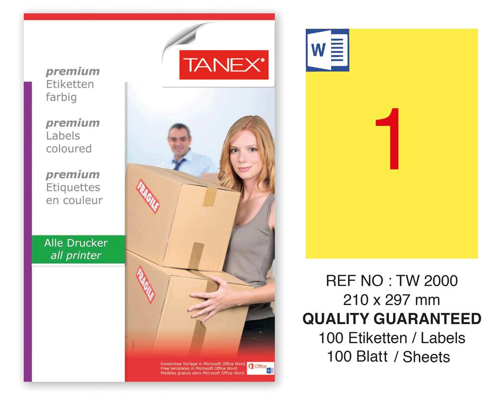 Tanex TW-2000 210x297mm Sarı Pastel Laser Etiket 100 Lü