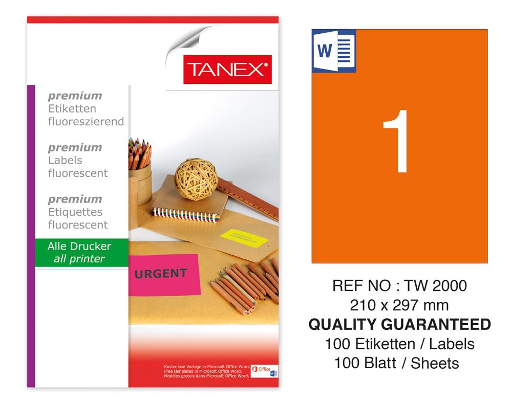 Tanex TW-2000 210x297mm Turuncu Floresan Laser Etiket 100 Lü