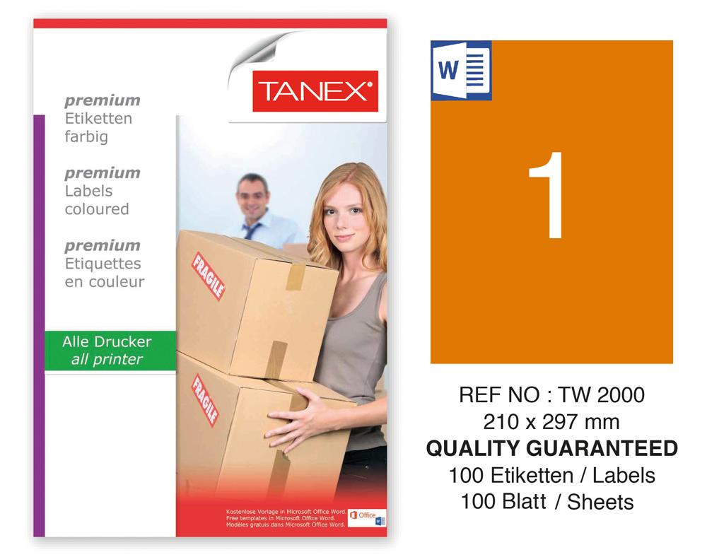 Tanex TW-2000 210x297mm Turuncu Pastel Laser Etiket 100 Lü