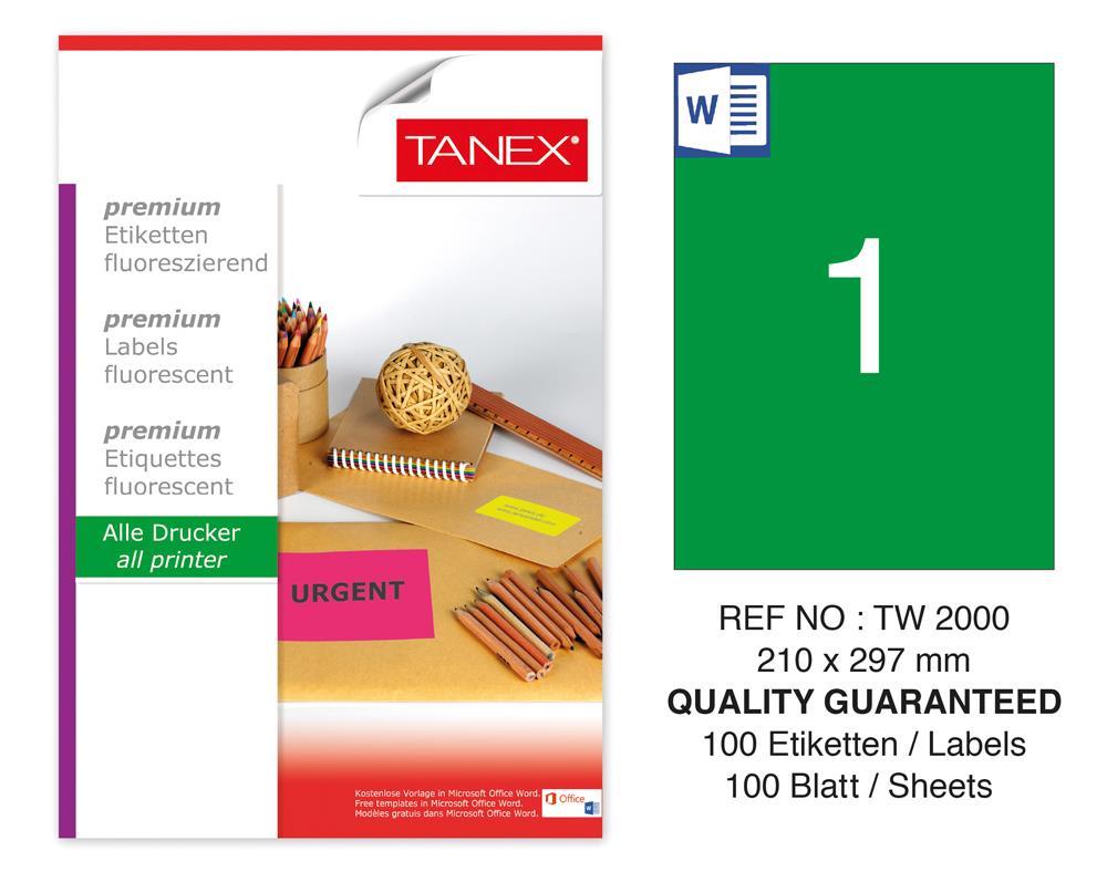 Tanex TW-2000 210x297mm Yeşil Floresan Laser Etiket 100 Lü