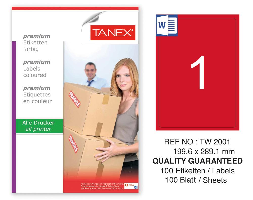 Tanex TW-2001 199,6x289,1mm Kırmızı Pastel Laser Etiket 100 Lü