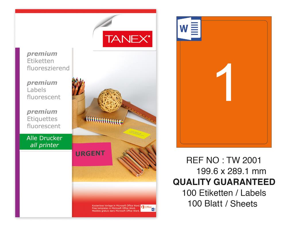 Tanex TW-2001 199,6x289,1 mm Turuncu Floresan Laser Etiket 100 Lü