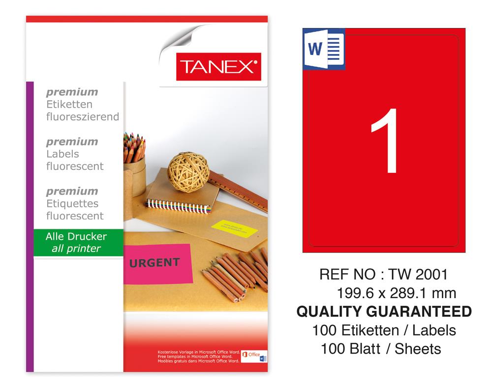 Tanex TW-2001 199.6x289.1mm Kırmızı Floresan Laser Etiket 100 Lü