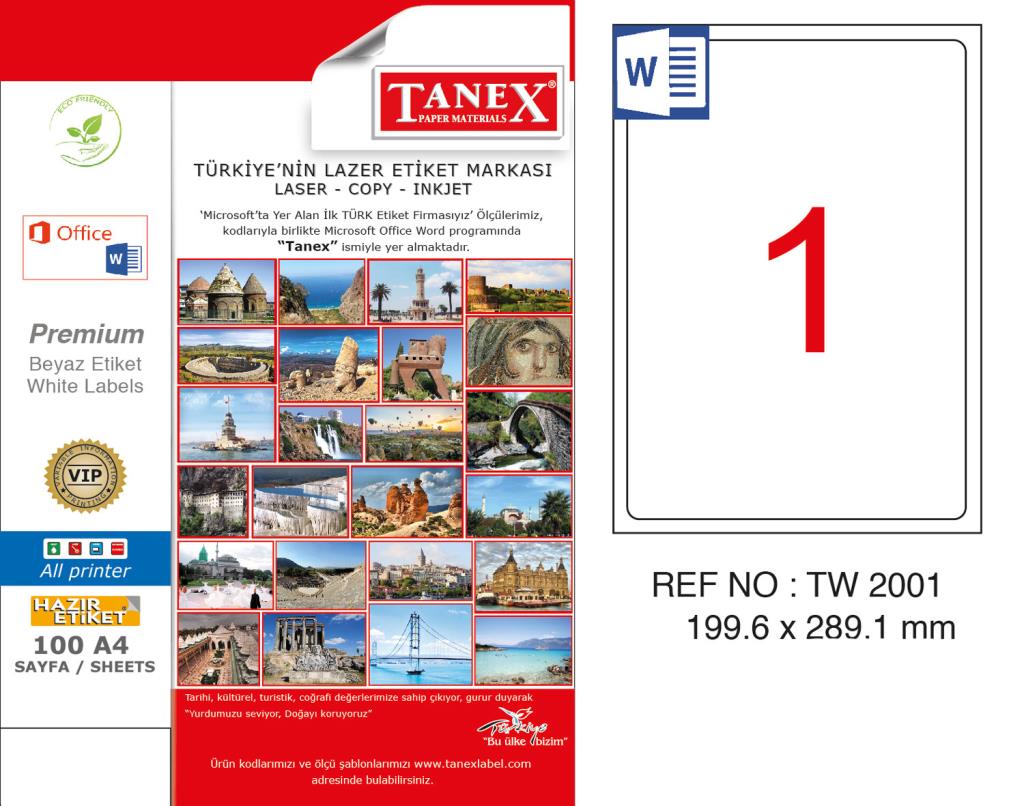 Tanex TW-2001 199.6x289.1mm Kuşe Laser Etiket 100 Lü