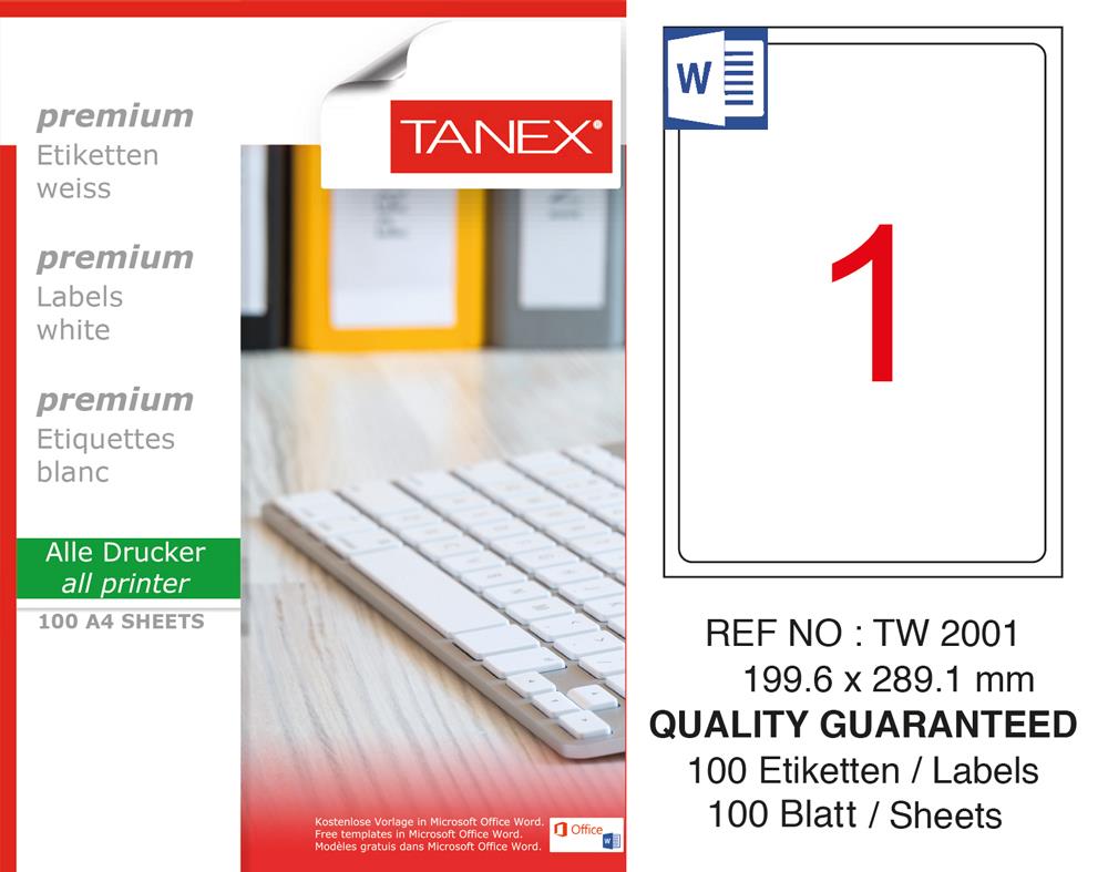 Tanex TW-2001 199.6x289.1mm Laser Etiket 100 Lü