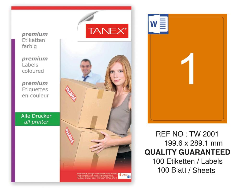 Tanex TW-2001 199,6x289,1mm Turuncu Pastel Laser Etiket 100 Lü