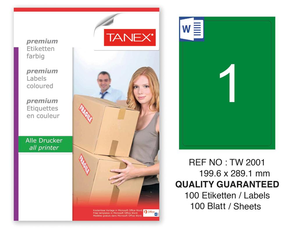 Tanex TW-2001 199,6x289,1mm Yeşil Pastel Laser Etiket 100 Lü