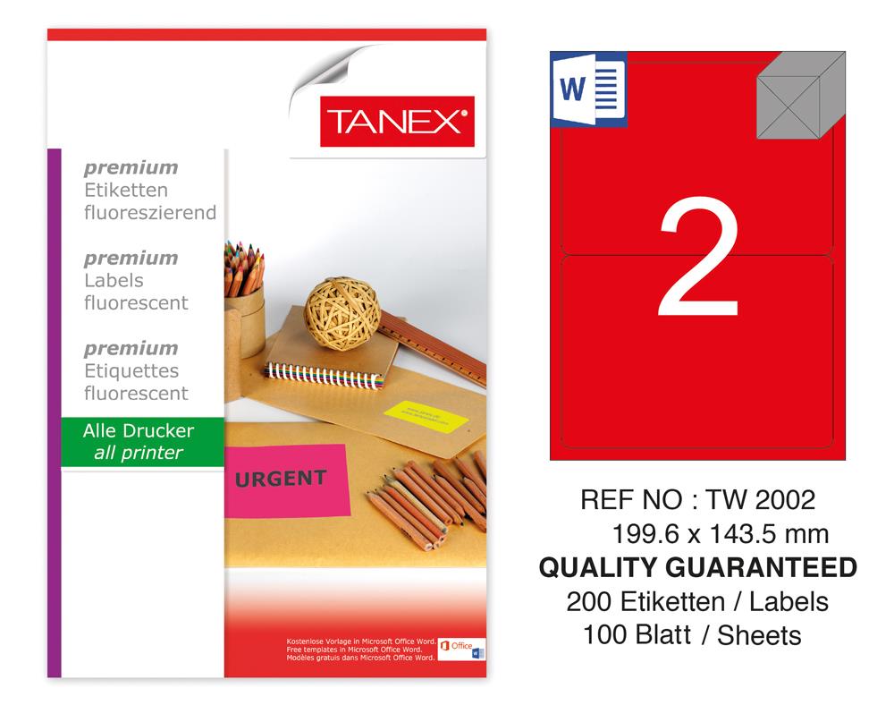 Tanex TW-2002 199.6x143,5 mm Kırmızı Floresan Laser Etiket 100 Lü