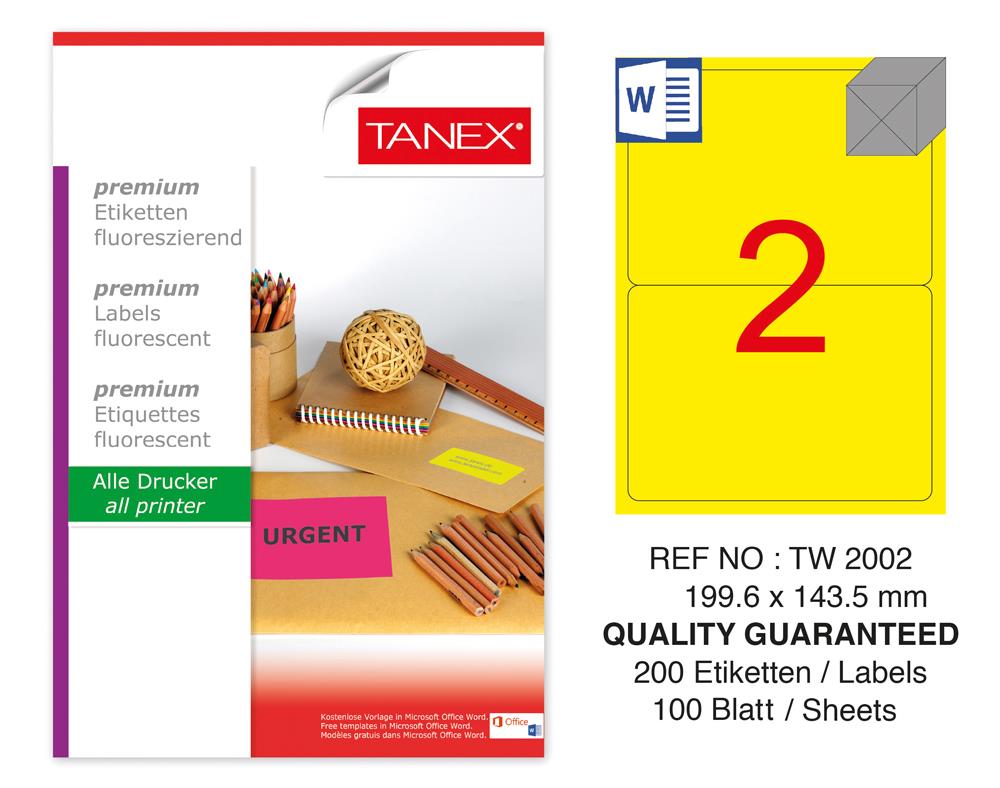 Tanex TW-2002 199,6x143,5 mm Sarı Floresan Laser Etiket 100 Lü