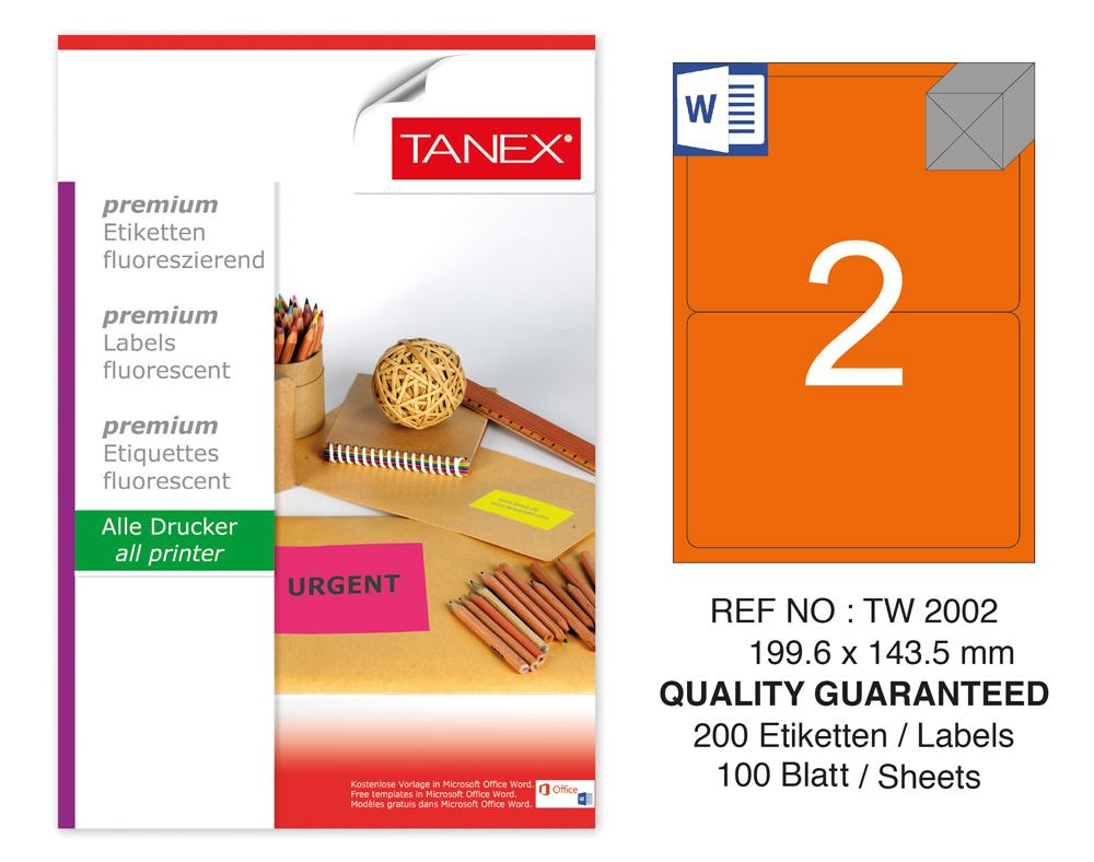 Tanex TW-2002 199,6x143,5 mm Turuncu Floresan Laser Etiket 100 Lü