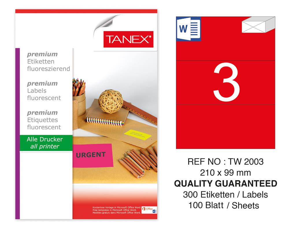 Tanex TW-2003 210x99 mm Kırmızı Floresan Laser Etiket 100 Lü