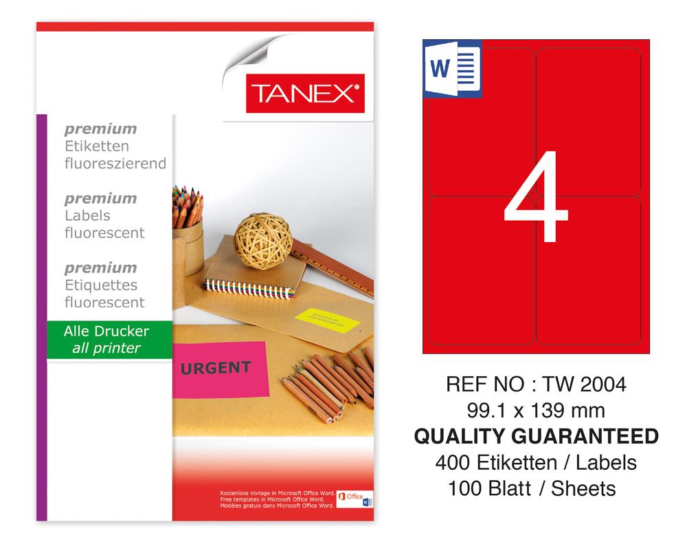 Tanex TW-2004 99,1x139 mm Kırmızı Floresan Laser Etiket 100 Lü