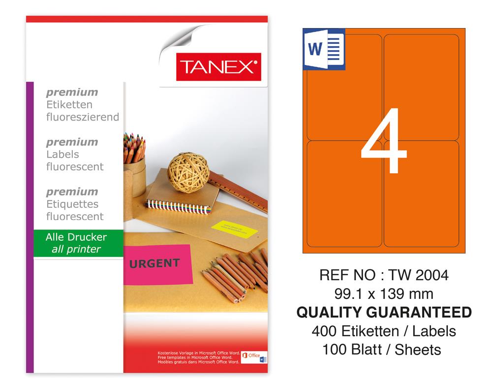 Tanex TW-2004 99,1x139 mm Turuncu Floresan Laser Etiket 100 Lü