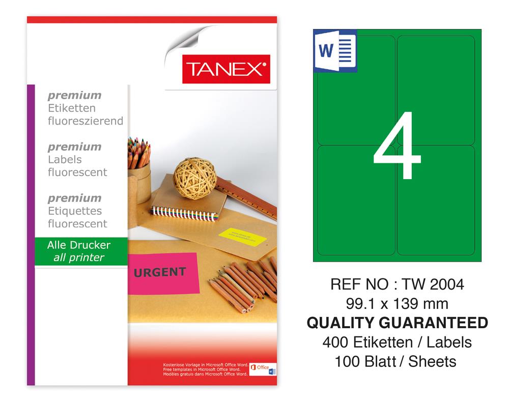 Tanex TW-2004 99,1x139 mm Yeşil Floresan Laser Etiket 100 Lü