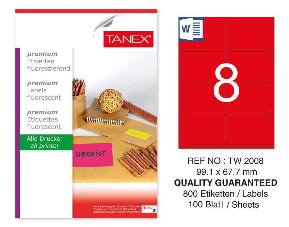 Tanex TW-2008 99,1x67,7 mm Kırmızı Floresan Laser Etiket 100 Lü