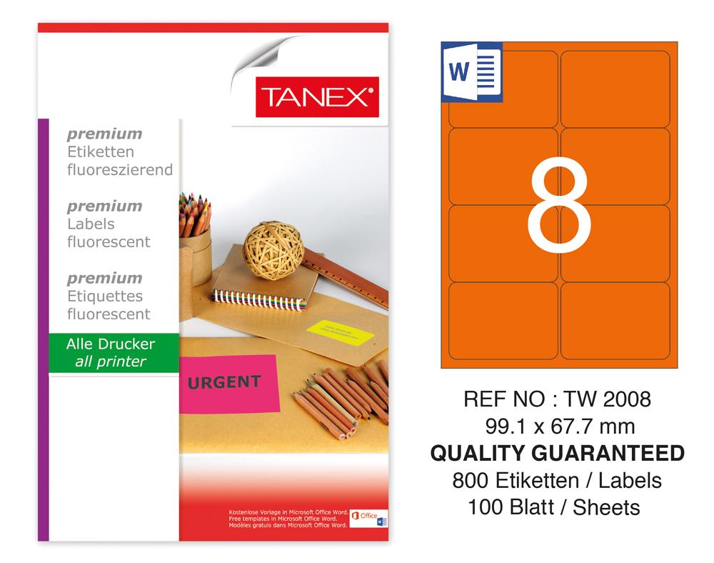 Tanex TW-2008 99,1x67,7 mm Turuncu Floresan Laser Etiket 100 Lü