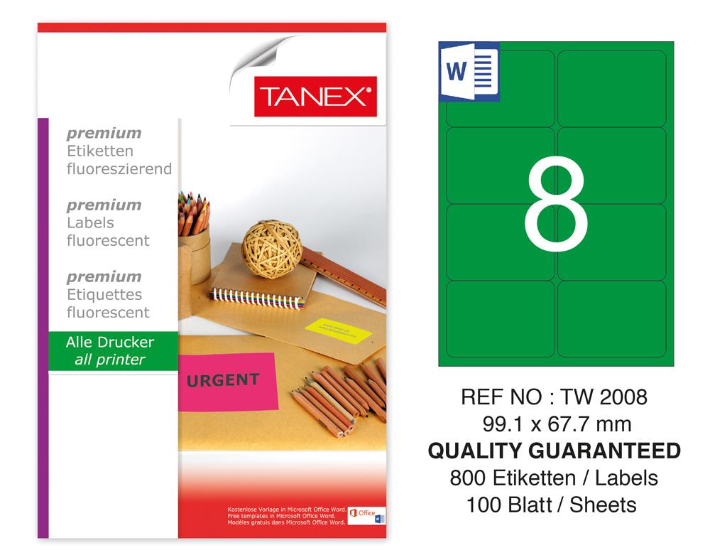 Tanex TW-2008 99,1x67,7 mm Yeşil Floresan Laser Etiket 100 Lü