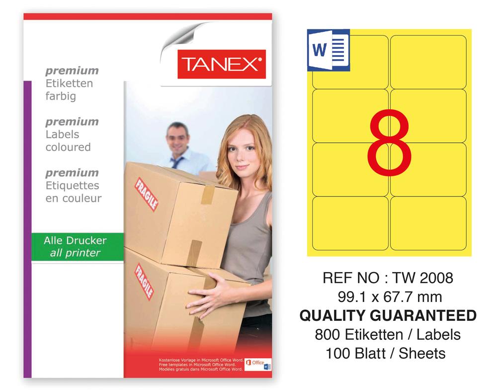 Tanex TW-2008 99,1x67,7mm Sarı Pastel Laser Etiket 100 Lü