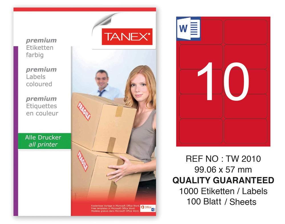 Tanex TW-2010 99,06x57mm Kırmızı Pastel Laser Etiket 100 Lü