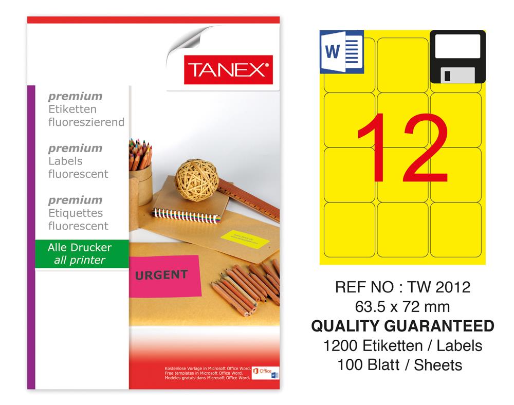 Tanex TW-2012 63.5x72 mm Floresan Sarı Laser Etiket 100 Lü Paket