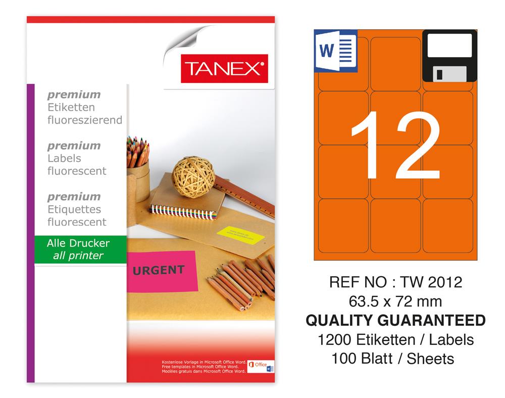 Tanex TW-2012 63,5x72 mm Turuncu Floresan Laser Etiket 100 Lü