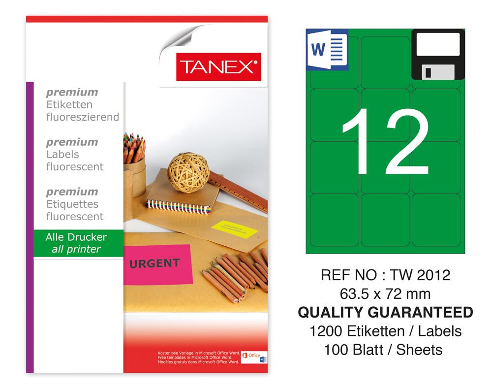 Tanex TW-2012 63,5x72 mm Yeşil Floresan Laser Etiket 100 Lü