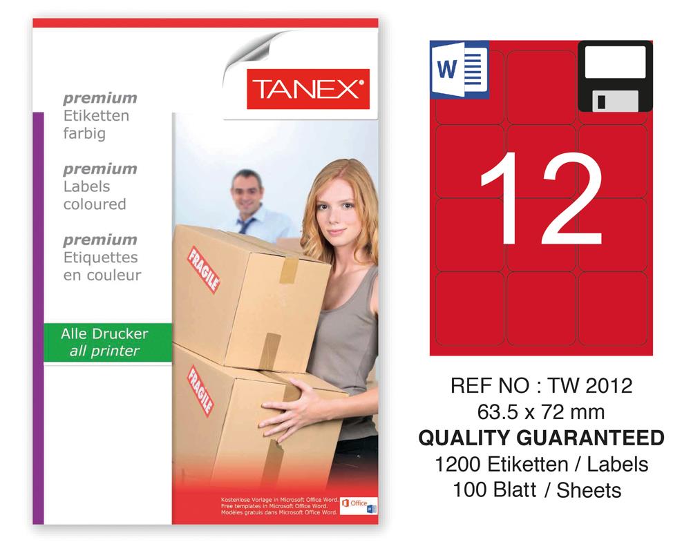 Tanex TW-2012 63,5x72mm Kırmızı Pastel Laser Etiket 100 Lü