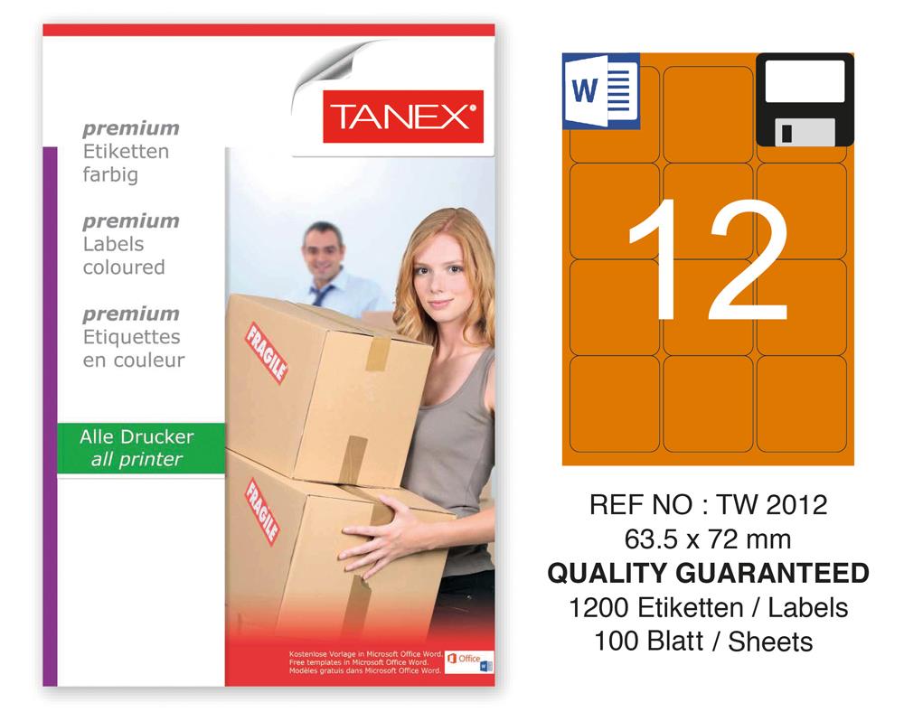Tanex TW-2012 63,5x72mm Turuncu Pastel Laser Etiket 100 Lü