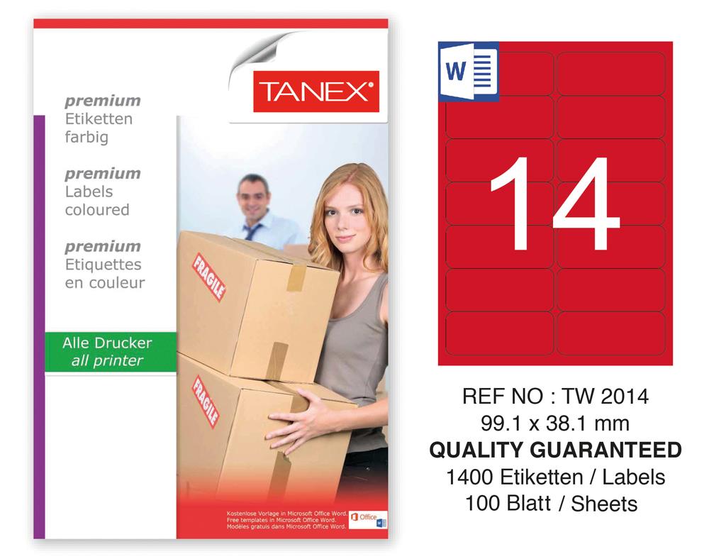 Tanex TW-2014 99,1x38,1mm Kırmızı Pastel Laser Etiket 100 Lü