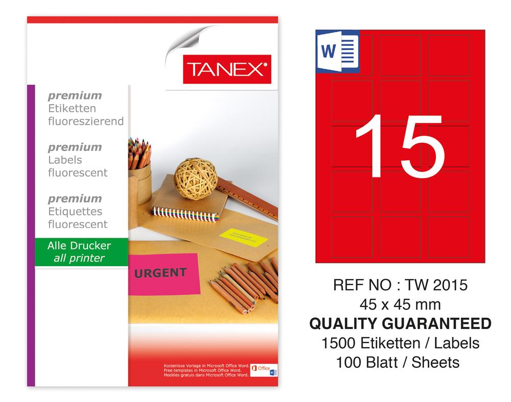 Tanex TW-2015 45x45 mm Kırmızı Floresan Laser Etiket 100 Lü