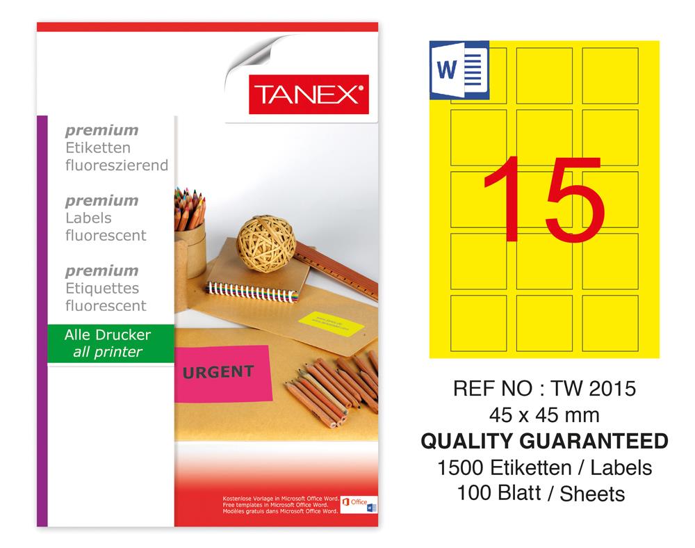 Tanex TW-2015 45x45 mm Sarı Floresan Laser Etiket 100 Lü