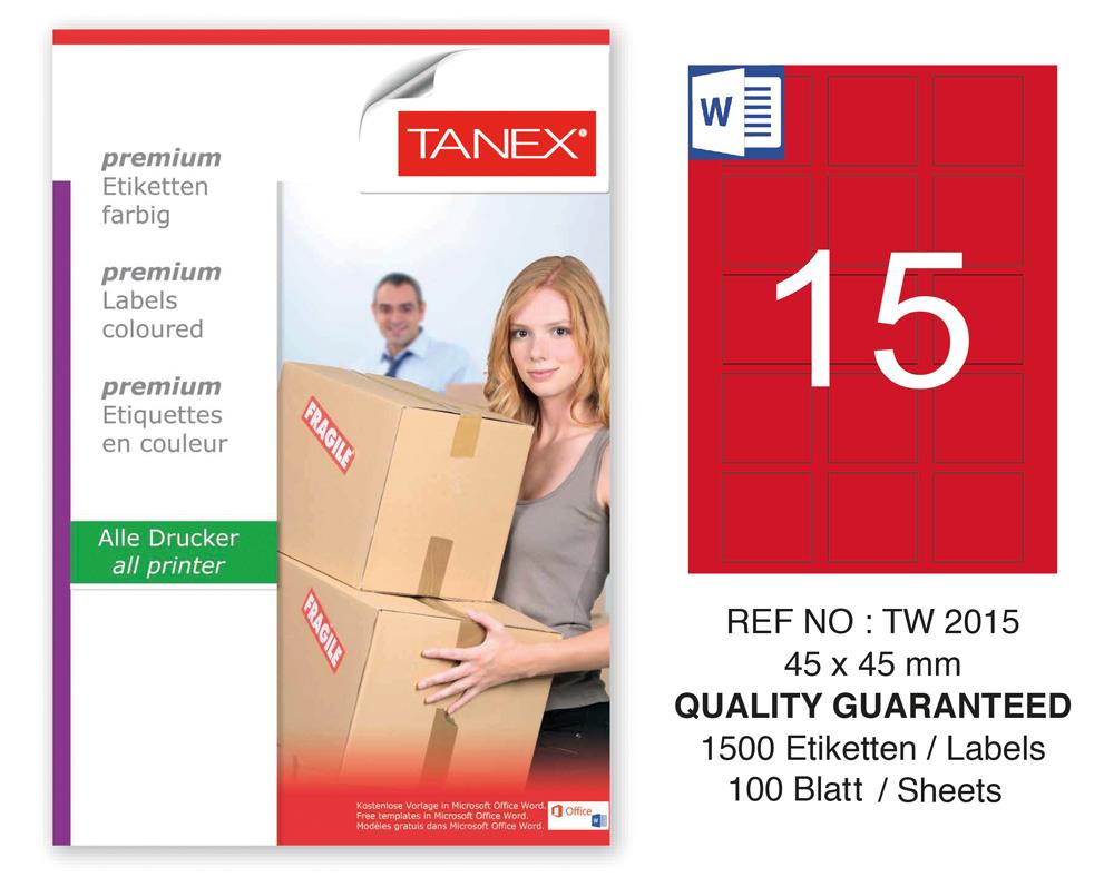 Tanex TW-2015 45x45mm Kırmızı Pastel Laser Etiket 100 Lü
