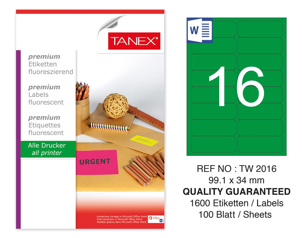 Tanex TW-2016 99,1x34 mm Yeşil Floresan Laser Etiket 100 Lü