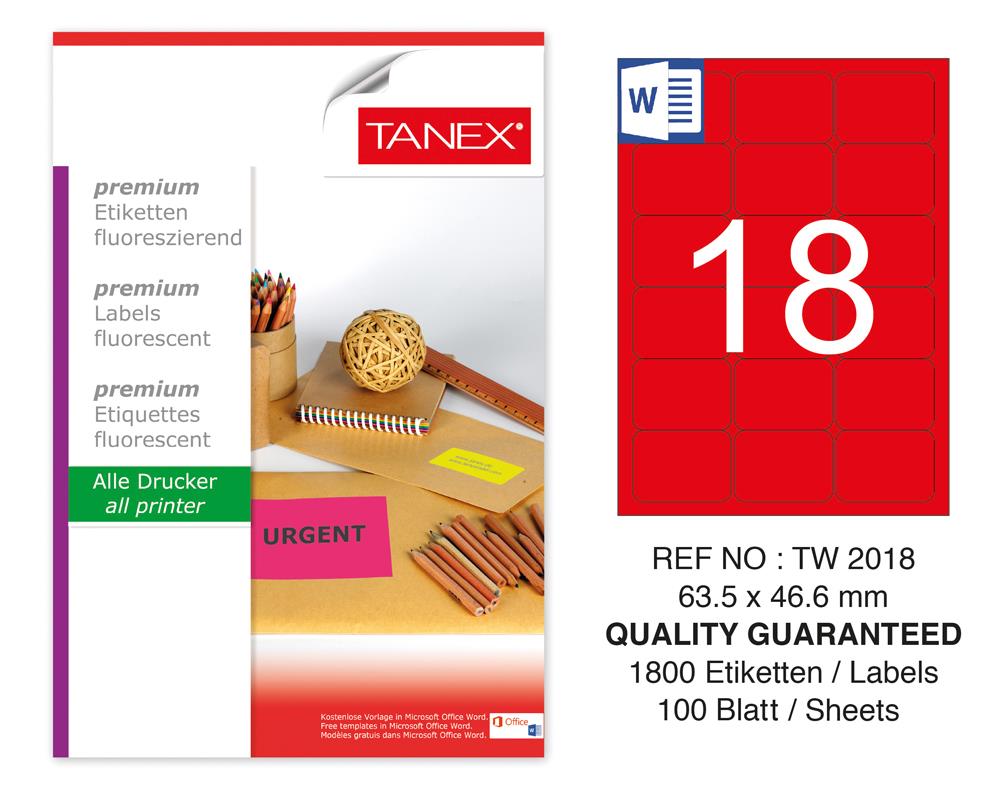 Tanex TW-2018 63,5x46,6 mm Kırmızı Floresan Laser Etiket 100 Lü