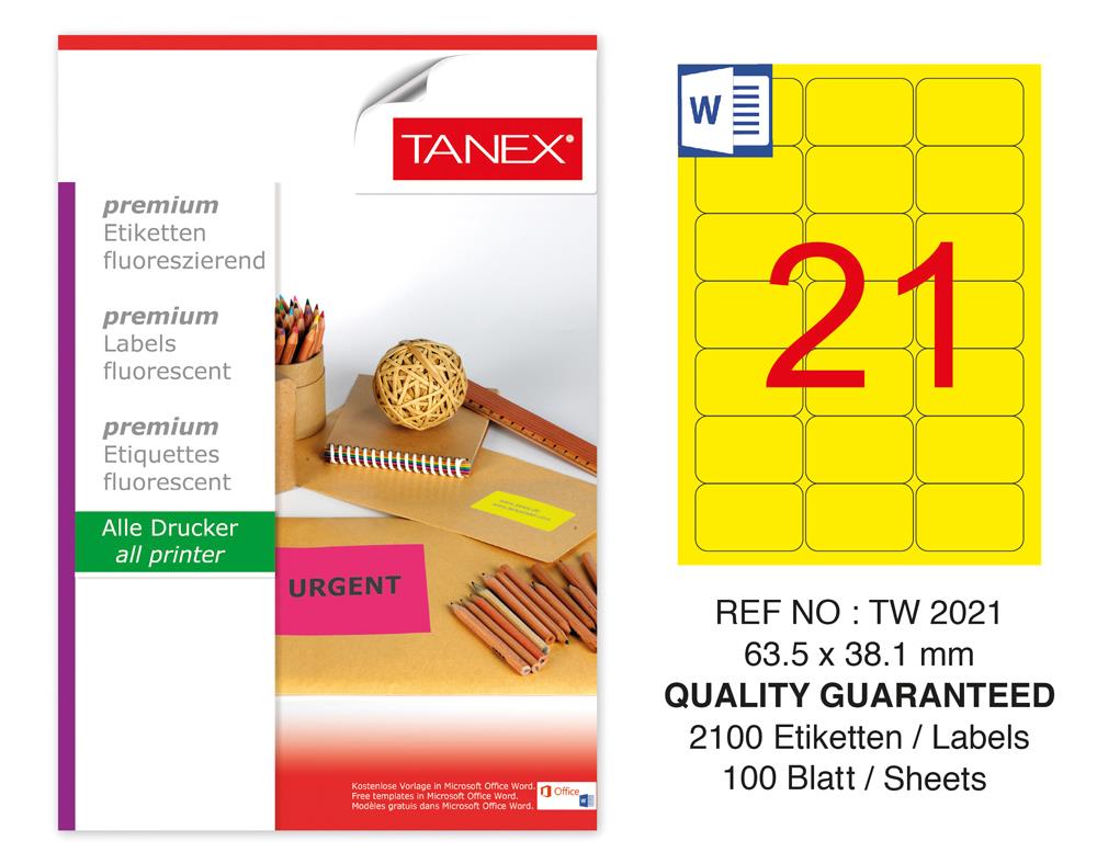 Tanex TW-2021 63,5x38,1mm Sarı Floresan Laser Etiket 100 Lü