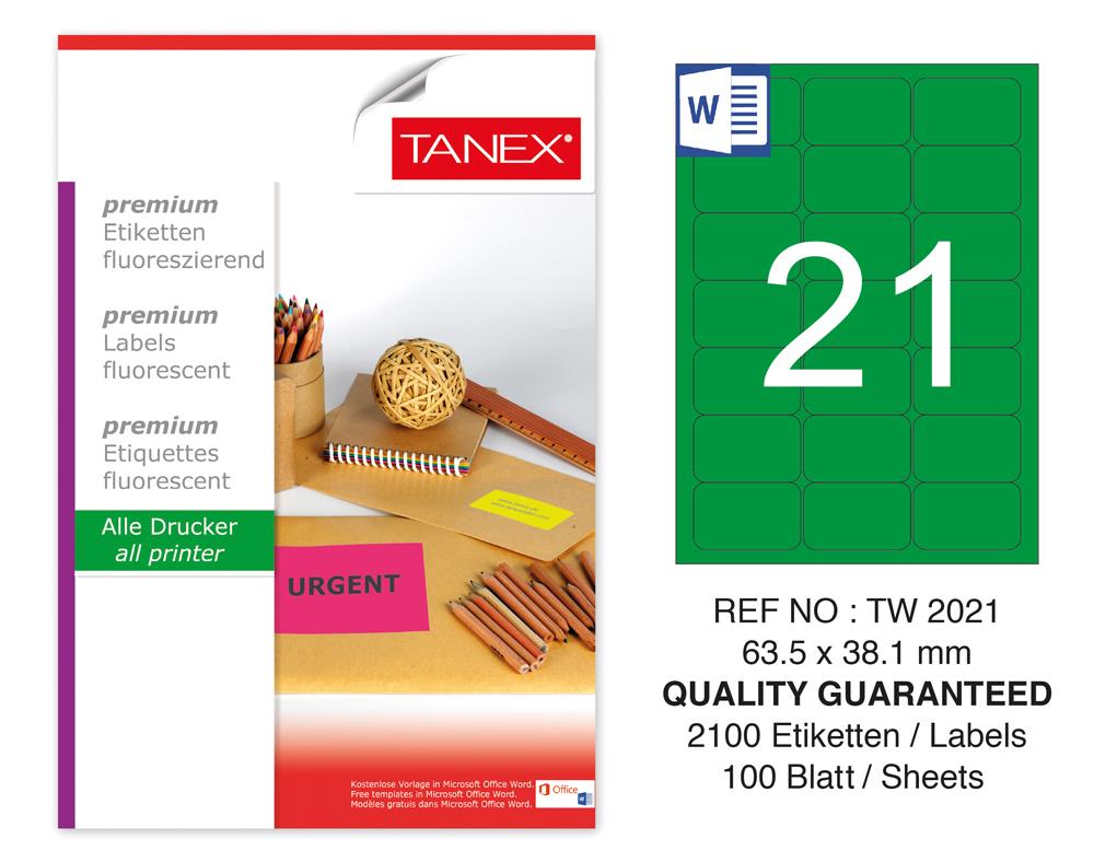 Tanex TW-2021 63,5x38,1 mm Yeşil Floresan Laser Etiket 100 Lü