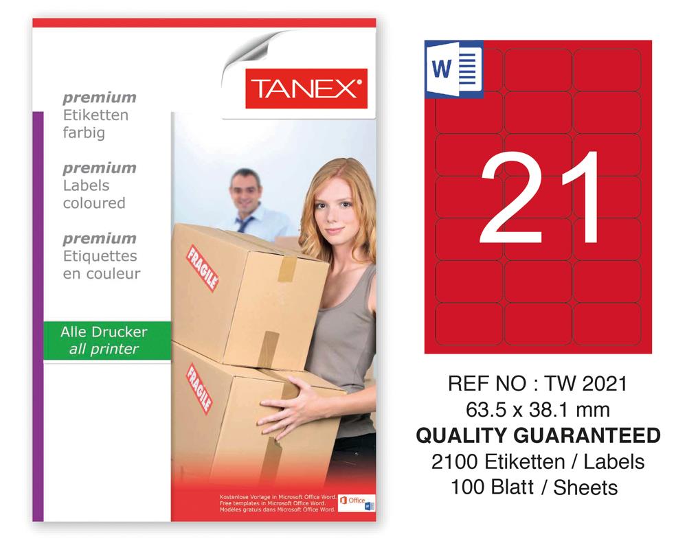 Tanex TW-2021 63,5x38,1mm Kırmızı Pastel Laser Etiket 100 Lü