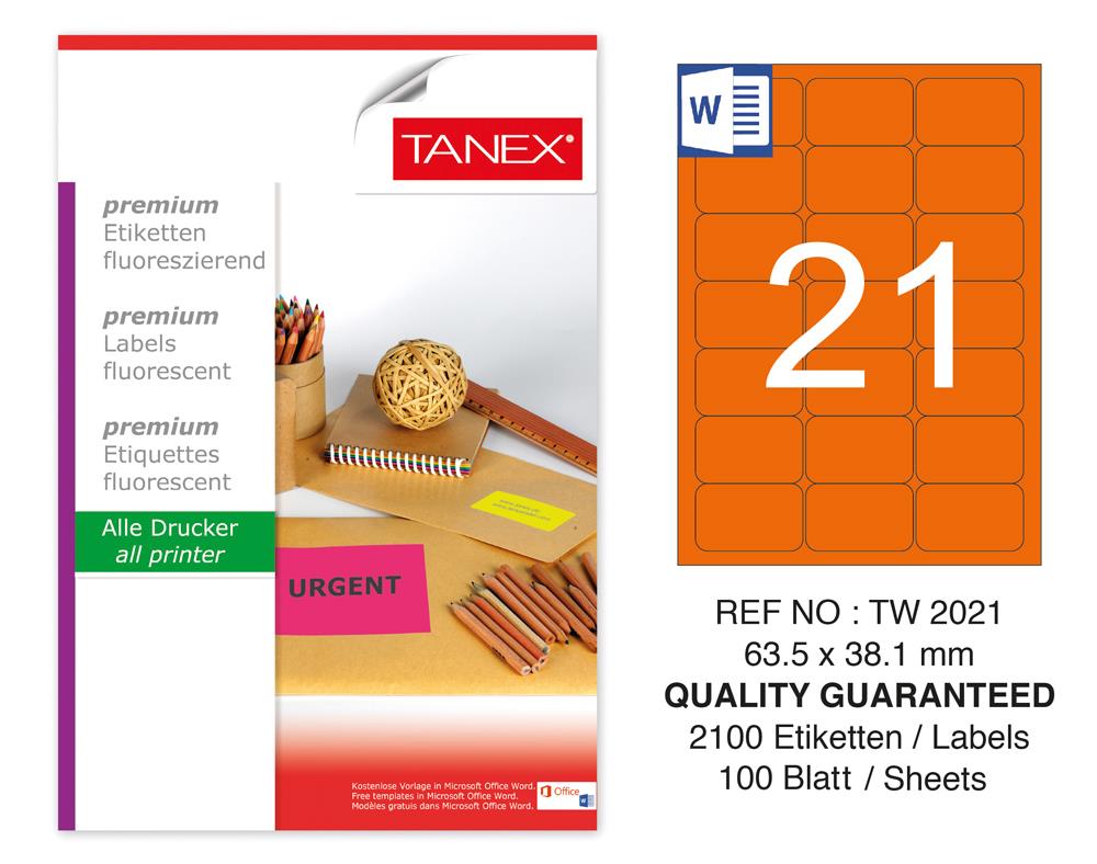 Tanex TW-2021 63,5x38,1 mm Turuncu Floresan Laser Etiket 100 Lü