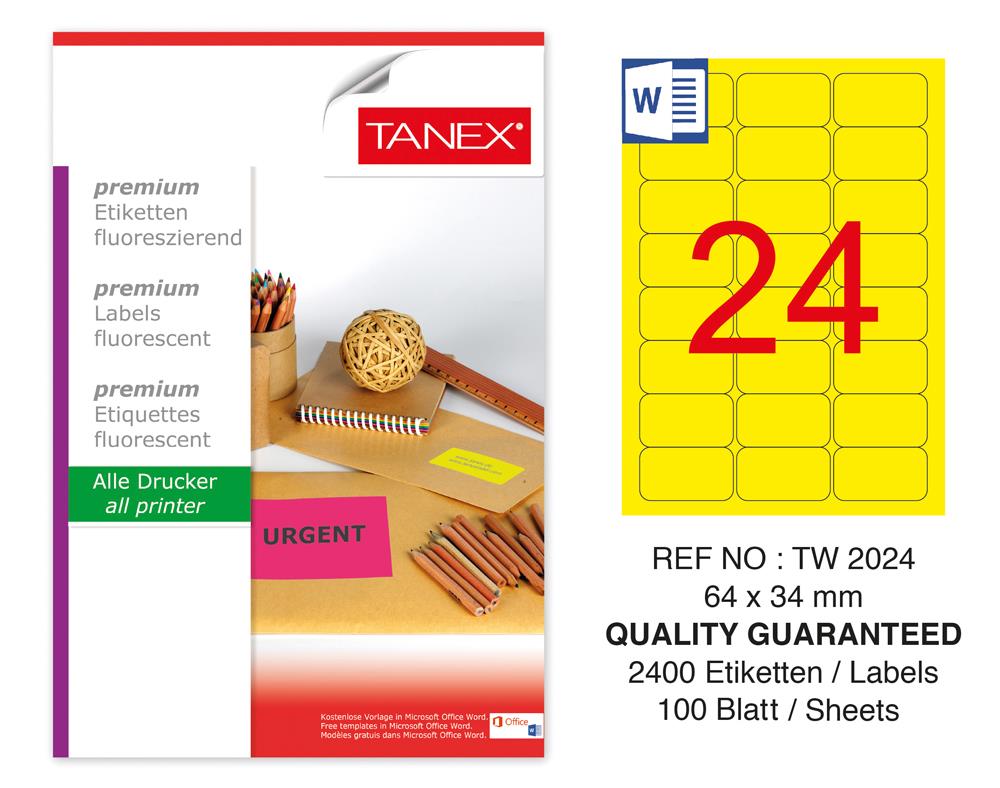 Tanex TW-2024 64x34 mm Sarı Floresan Laser Etiket 100 Lü